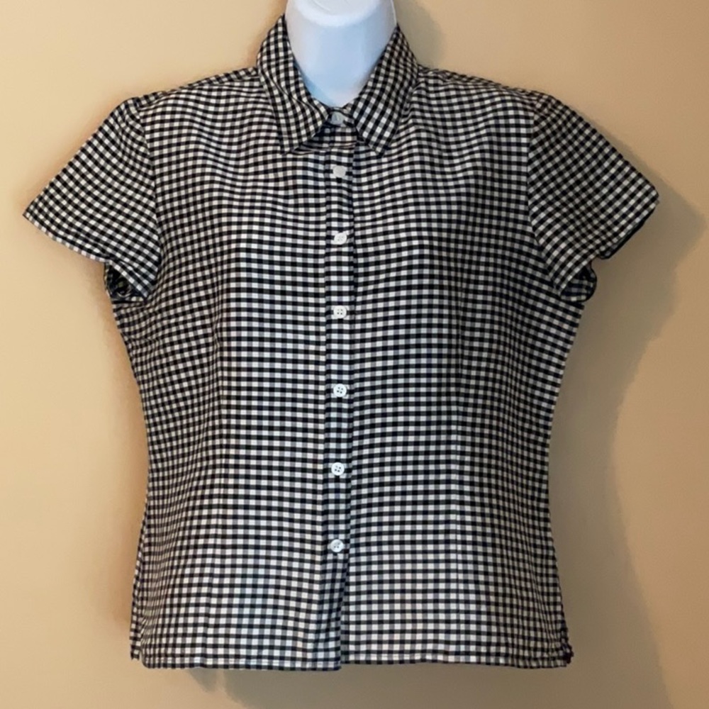 Evan Picone Black and White Gingham Short Sleeve Button-Up Blouse